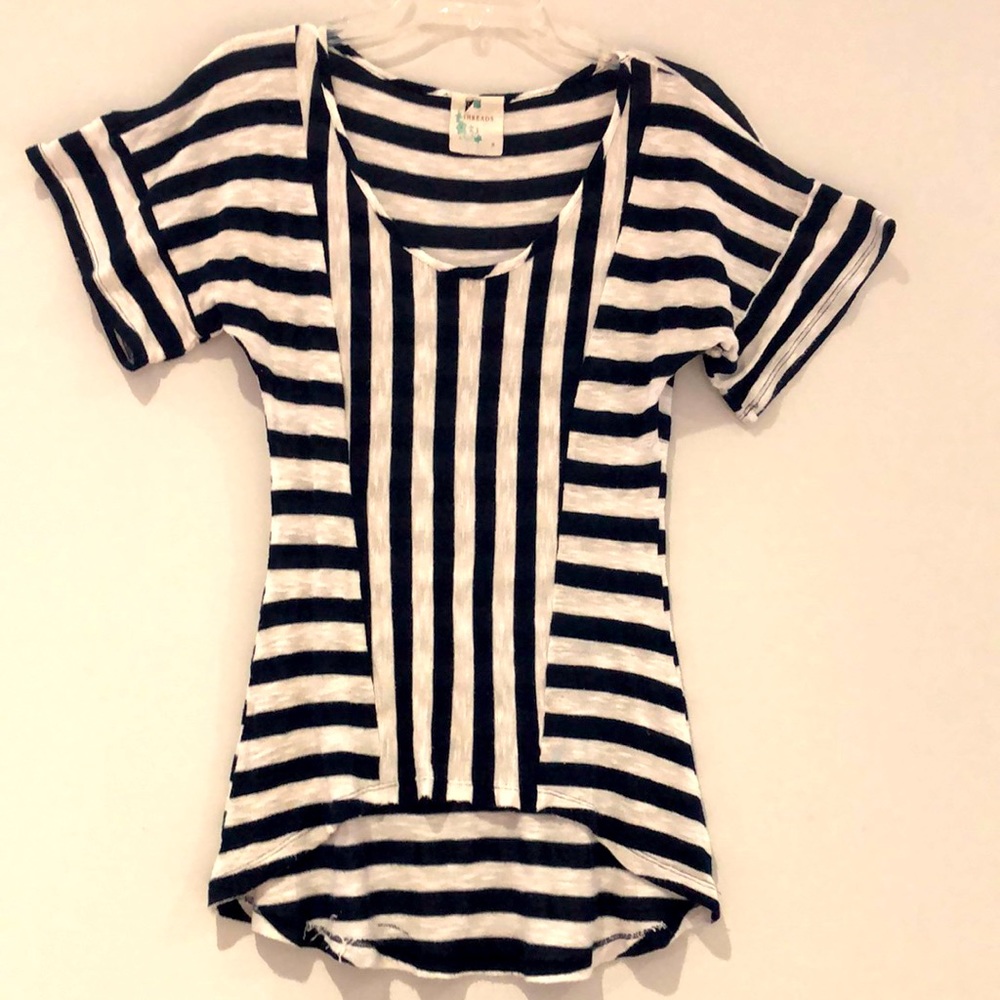 Navy, white striped shortsleeved top Size S
